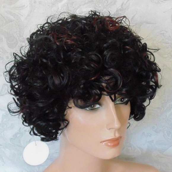 Short Curly Black Brown Highlighted Heat OK Wig